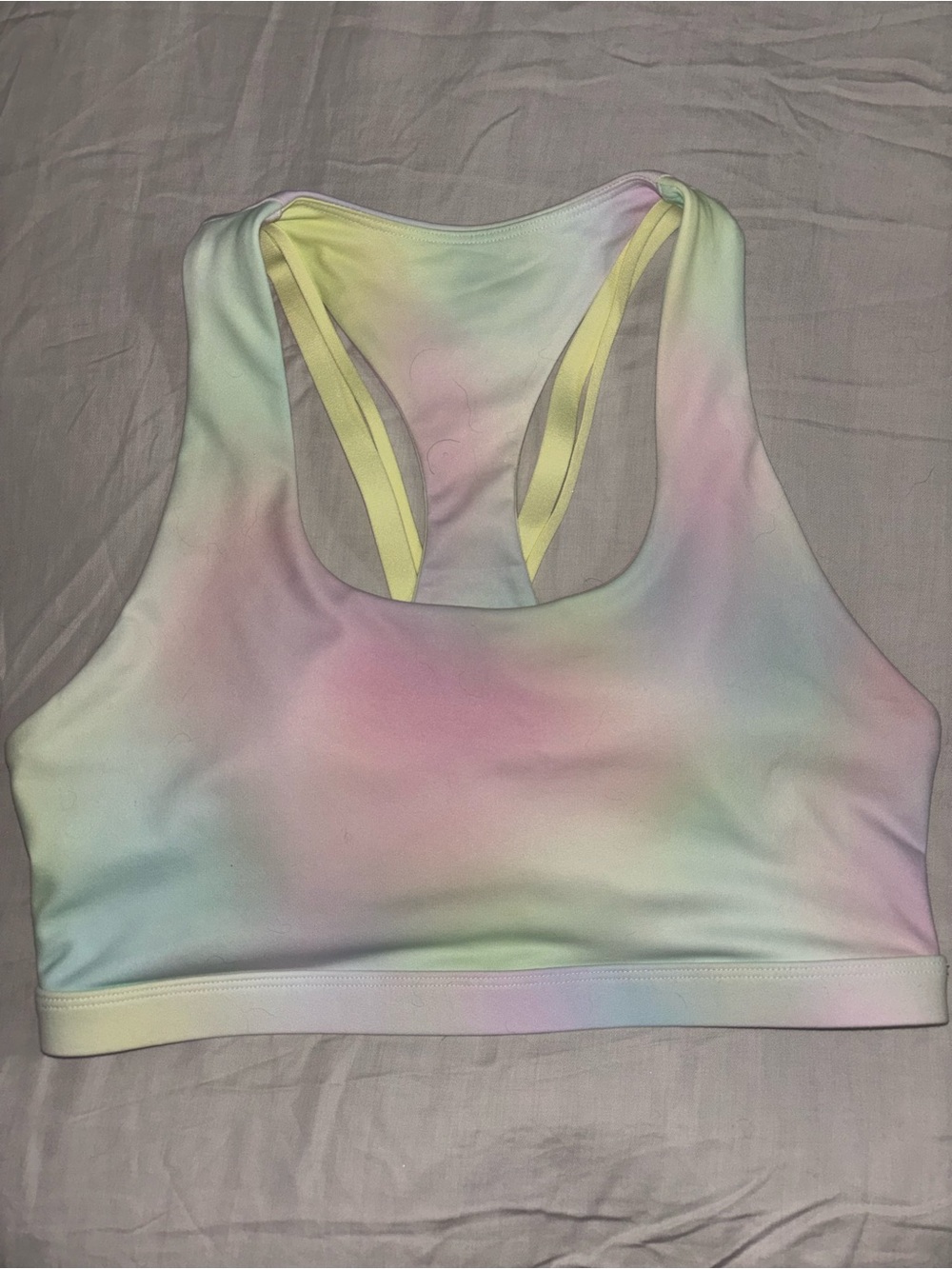 Fabletics Pastel Tie-Dye Racerback Sports Bra - Yellow, Pink, Blue